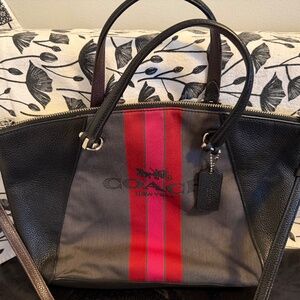 Coach Gray Canvas Satchel with Black Leather and Red Stripe